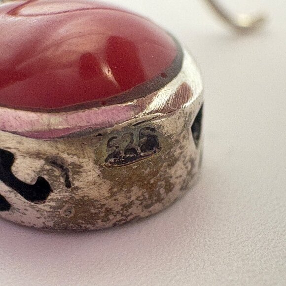 VTG Sterling Silver 925 Red Cabochon Gemstone Dangle Earrings Size 1" Length - Picture 6 of 9